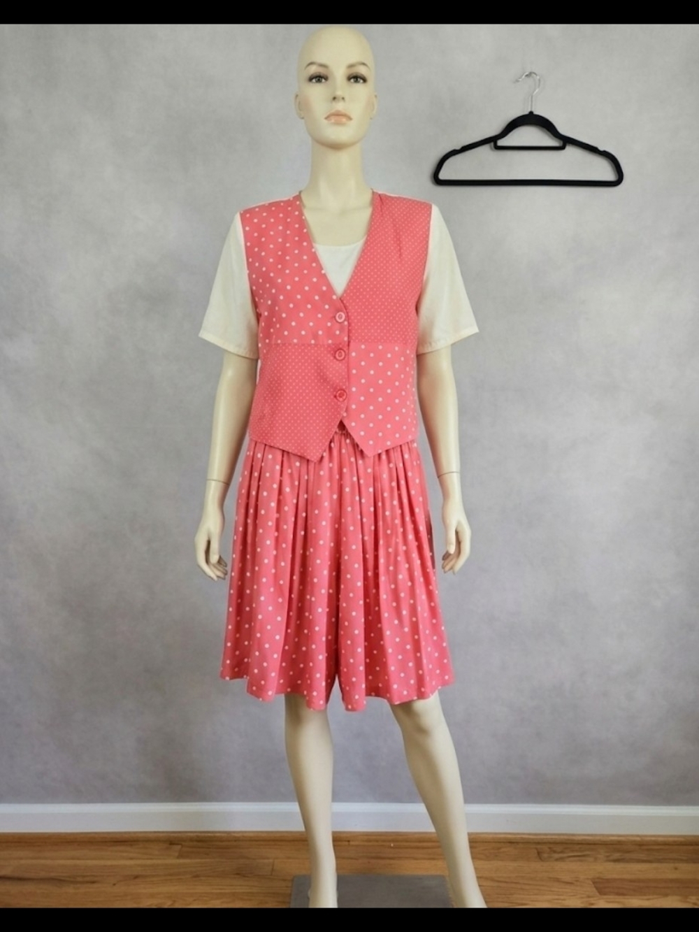 VTG 80s Fritzi California Polka Dot Shorts Vest Set Medium Coral Pink Pleated